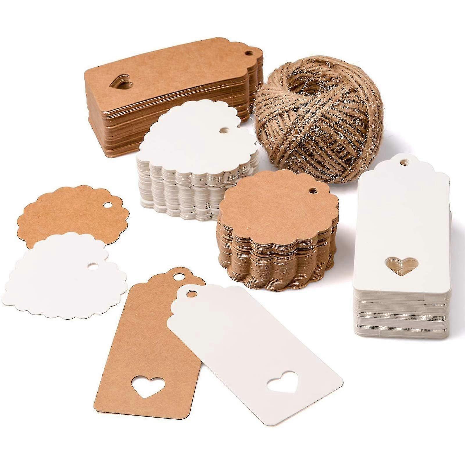 礼品标签，200pcs牛皮纸标签复古婚礼礼品棕白色礼品标签矩形扇形心形吊牌标签