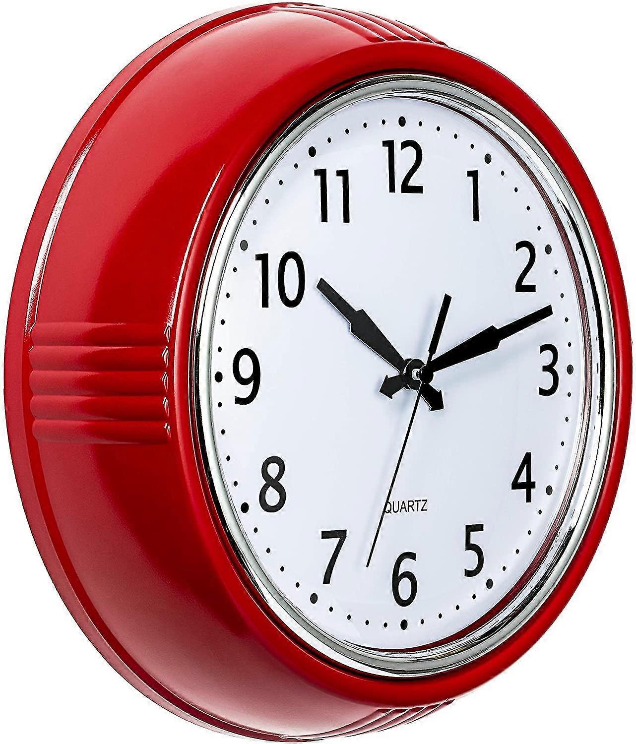 Retro Wall Clock 10 Inch Red Kitchen 50's Vintage Design Round Silent Non Ticking Battery Operated Quality Quartz Clock-MXBC
