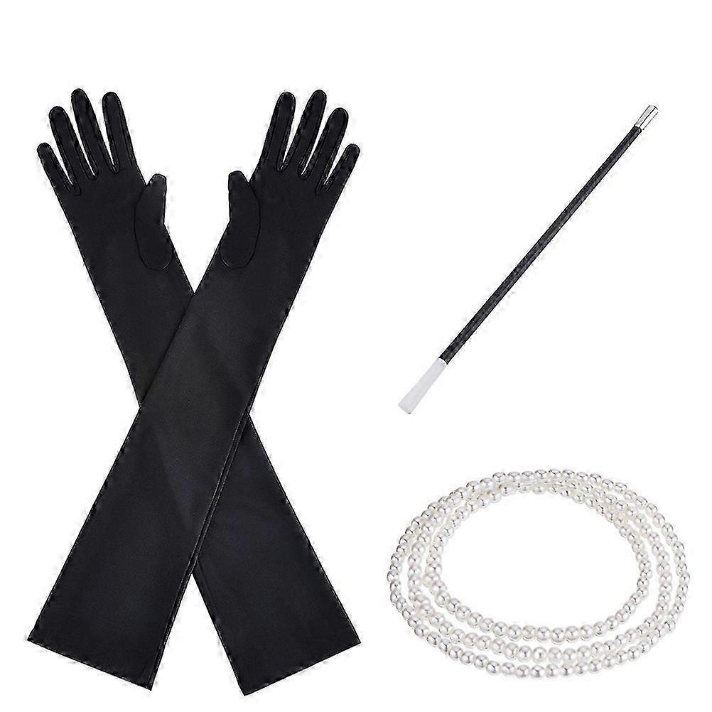 Black Six Pieces Necklace Gloves 1920s Party Accessories