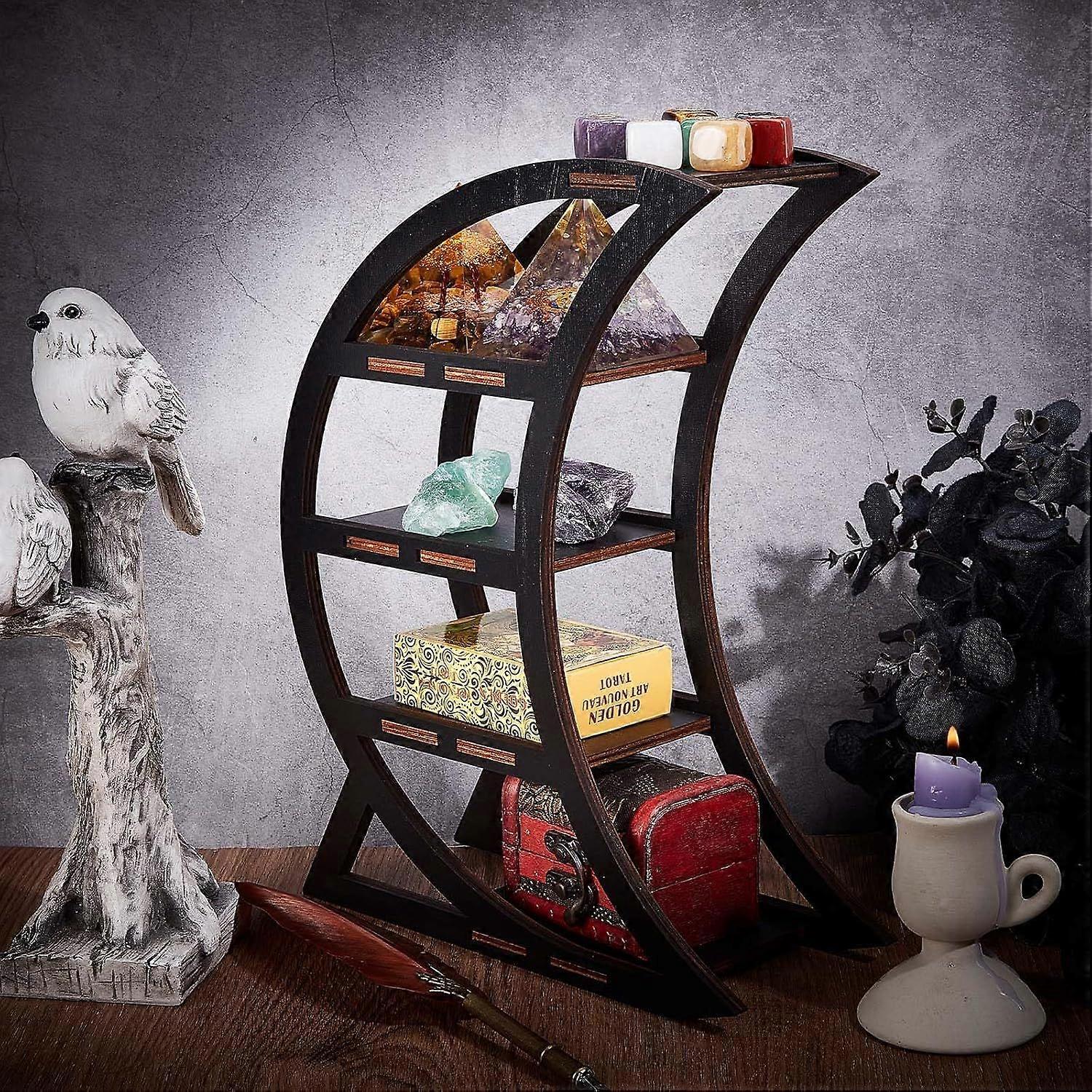 Moon Crystal Display Shelf Crystal Holder Tabletop Mini Stand Shelves Trinket Shelf Altar Shelf Pagan Rustic Divination Pendulum Storage Rack Witch Wo