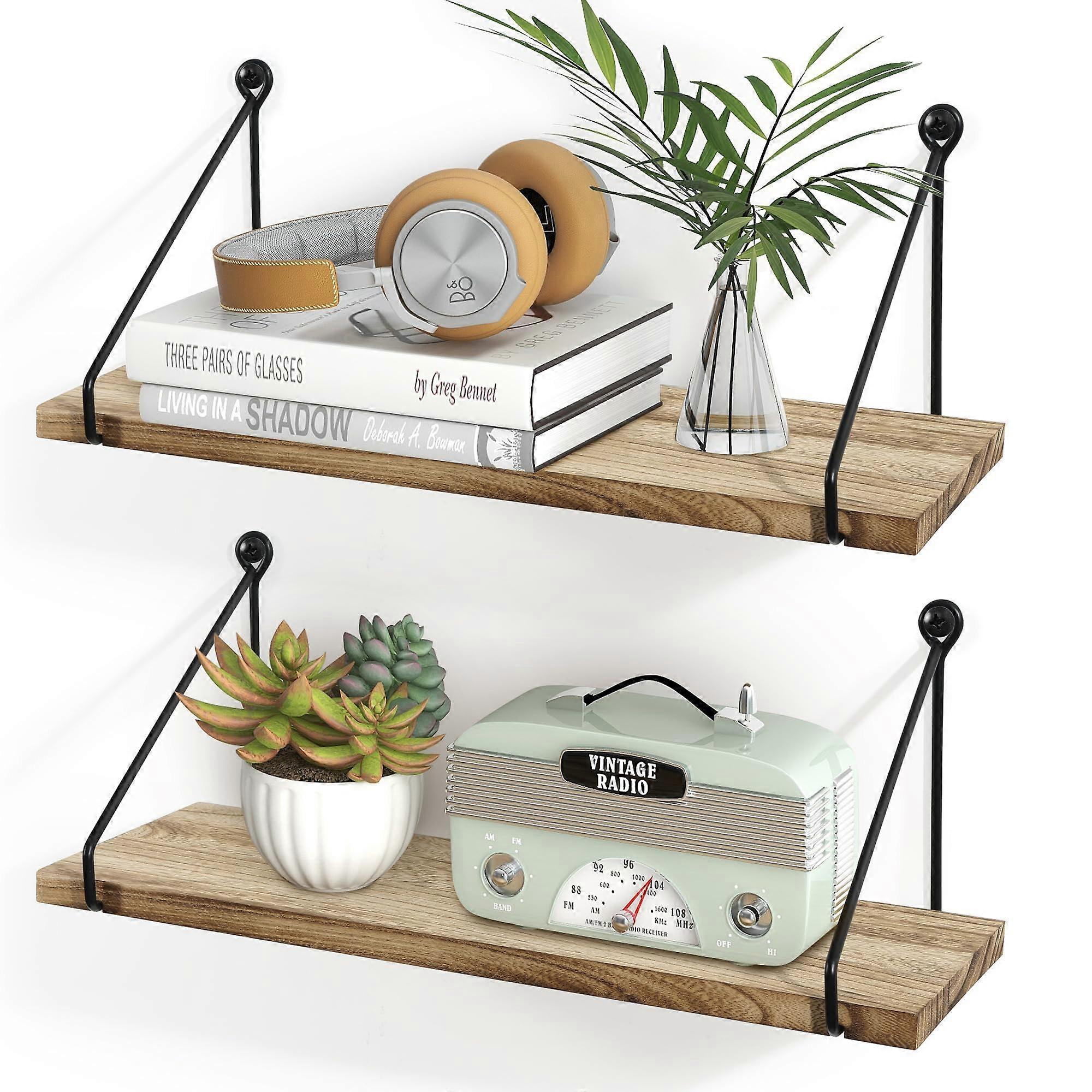 Rustic Floating Shelves Wall Mounted Light Wood Storage Organizer With Triangle Metal Brackets Set Of 2