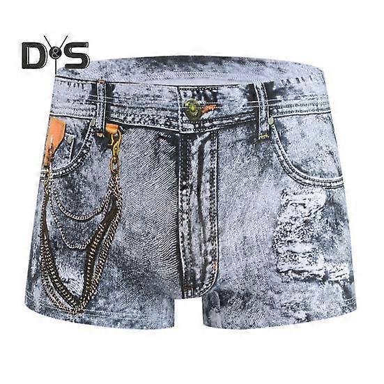 Men Boxer Underwear Mid-rise Imitation 3D Print Jeans Print Shorts Briefs Elastic Wraps U-Convex Panties