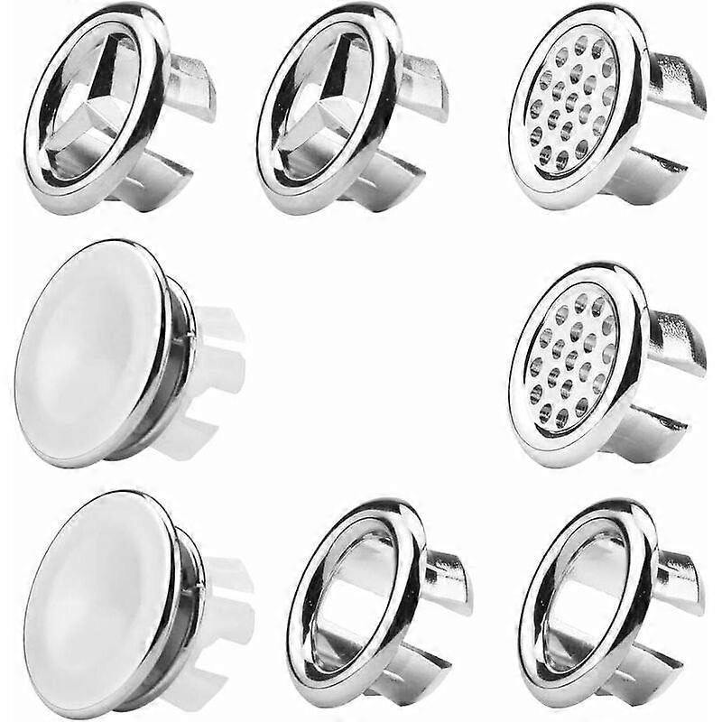 8-pack plastic sink overflow rings, replacements for kitchen or bathtub.