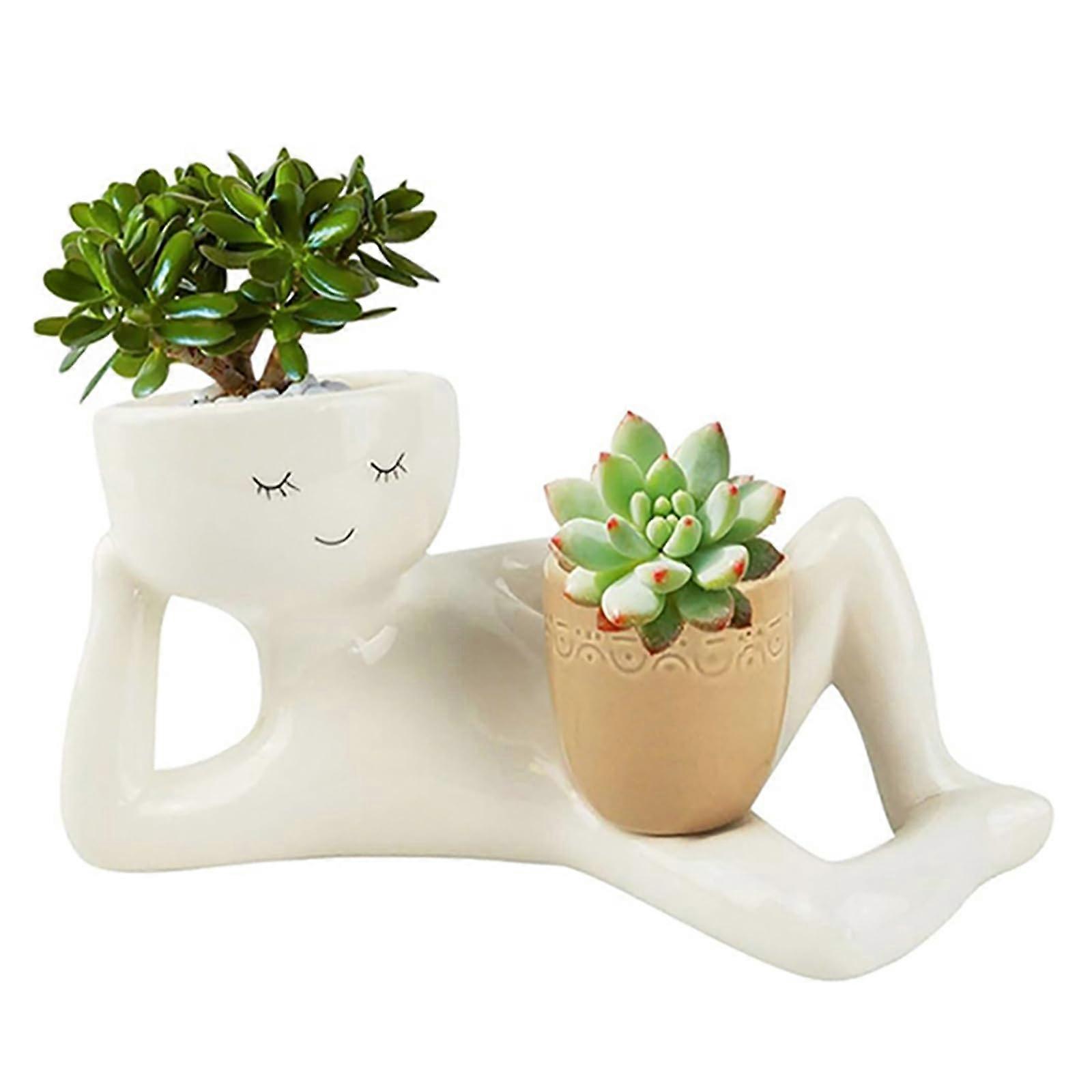 Lazy Guy Planter Resin Flower Pot with Funny Smiling Face and Double Drainage Holes for Indoor Outdoor Use
