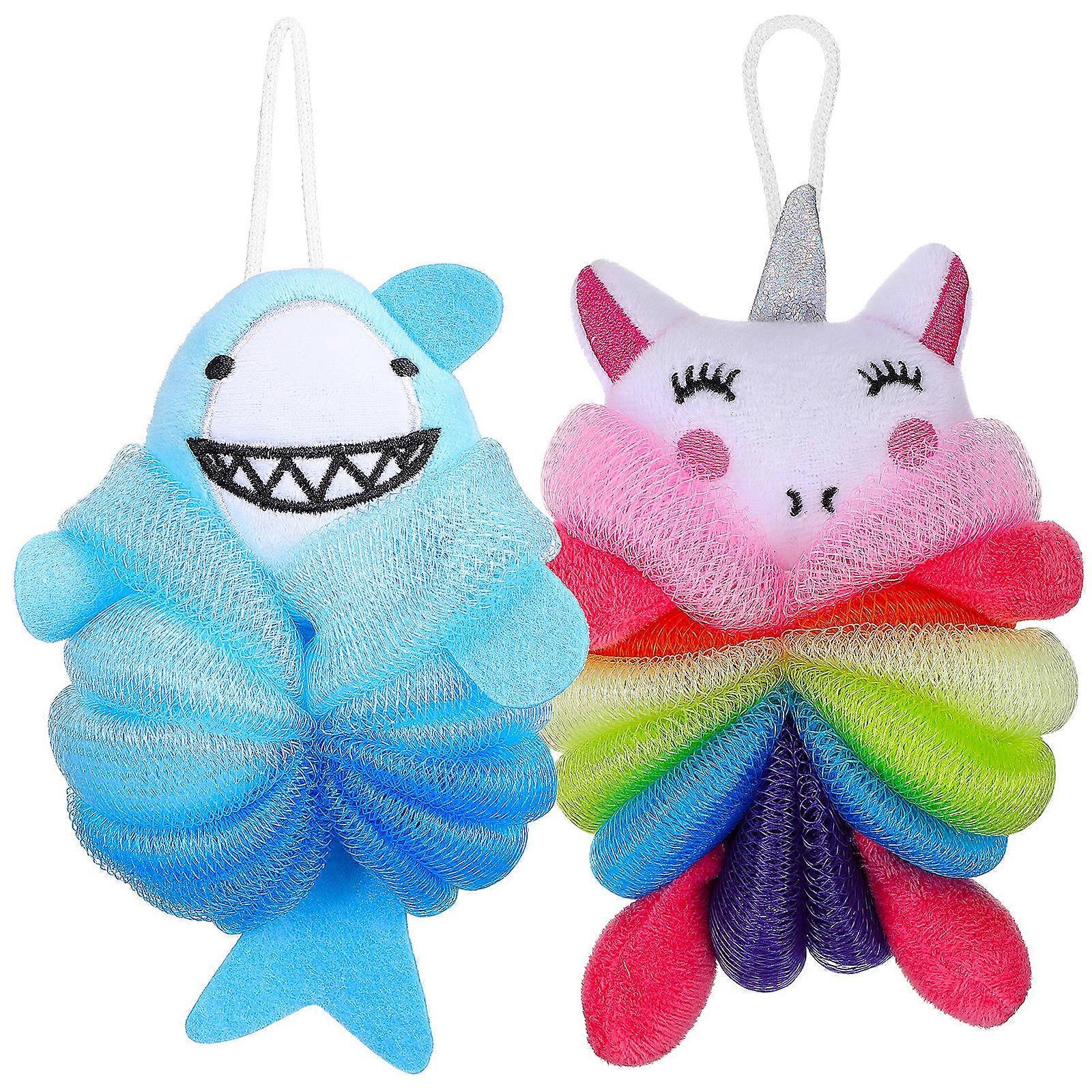 2pcs Cartoon Bath Sponges Unicorn & Shark Design Exfoliating Loofah Body Wash Scrubbers with Lanyard for Easy Storage