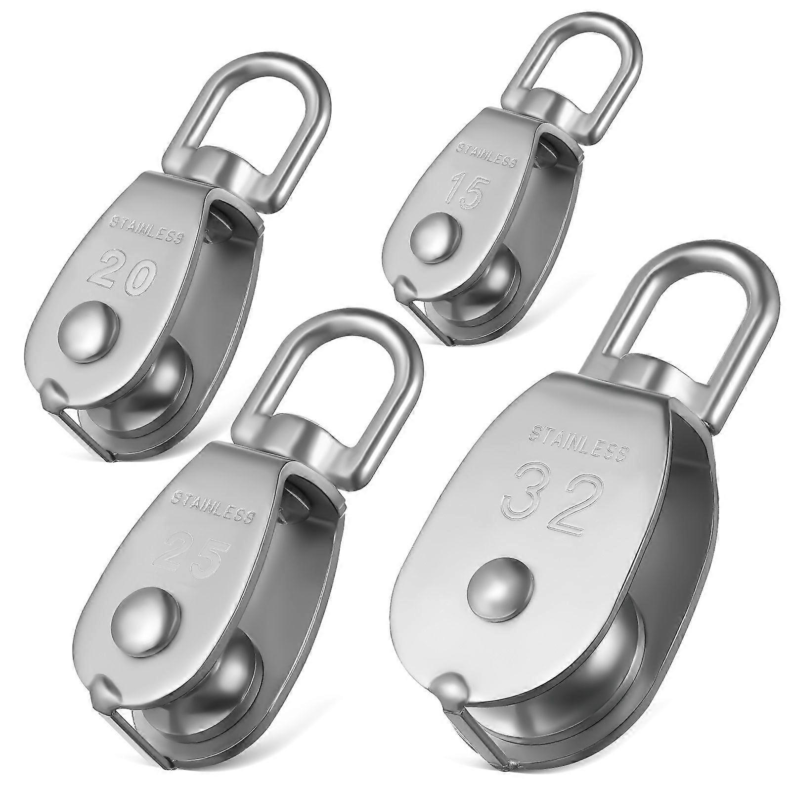 4pcs Single Pulley Block Stainless Steel Swivel Pulley For Cable Rope Roller Smooth Sliding For Rigging M15/ M20/ M25/ M32