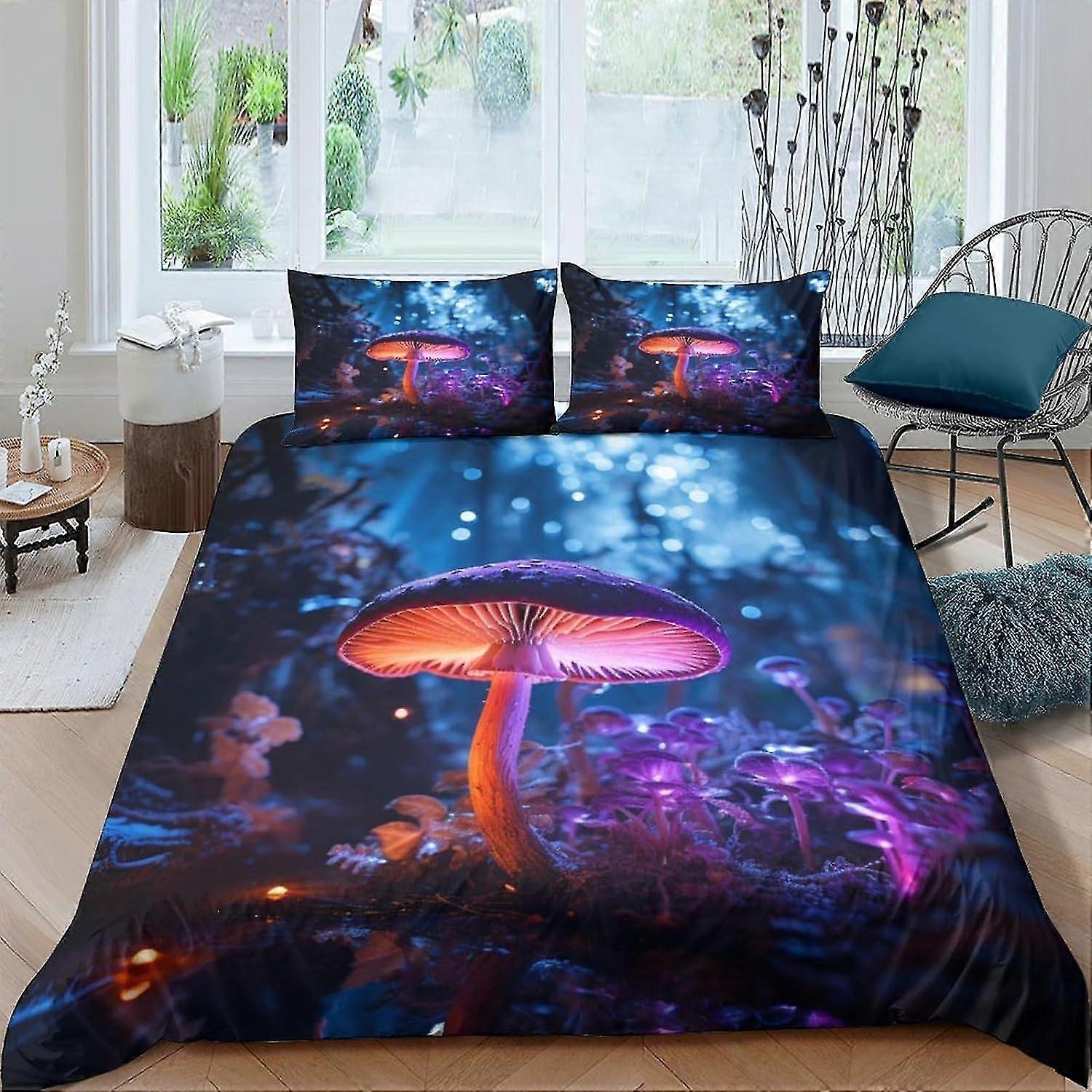Conjunto de Capa de Edredom Fantasy Mushrooms Conjunto de Cama 3D Microfibra Poliéster Fairy Forest Capa de Conforto com Fronhas, Conjunto de 3 Peças, Zíper Qu
