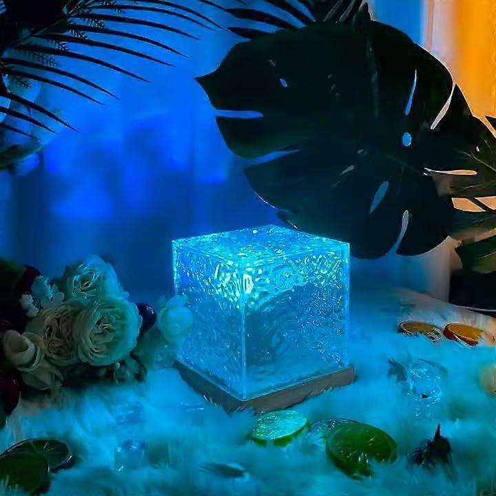 Crystal Table Lamp with 16 Colors, Aurora Borealis Cube Night Light, RGB LED Water Wave Projector, Plastic Base Room Decor