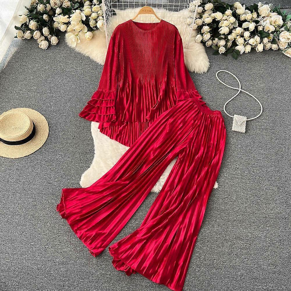 Spring and Autumn Women's Long Sleeve Top Wide Leg Pants Set Irregular Bubble Sleeve Loose Top Pleated Wide Leg Pants Two Piece Set