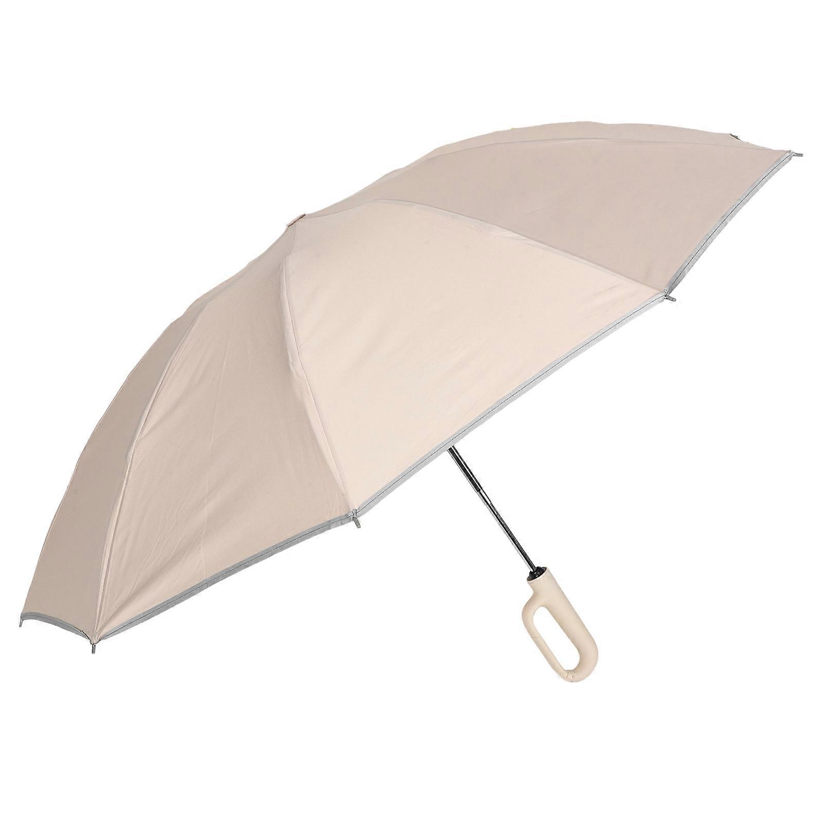 Compact Nylon Umbrella with Reflective Strips for Night Visibility and Windproof Design Beige 38.5 Inches