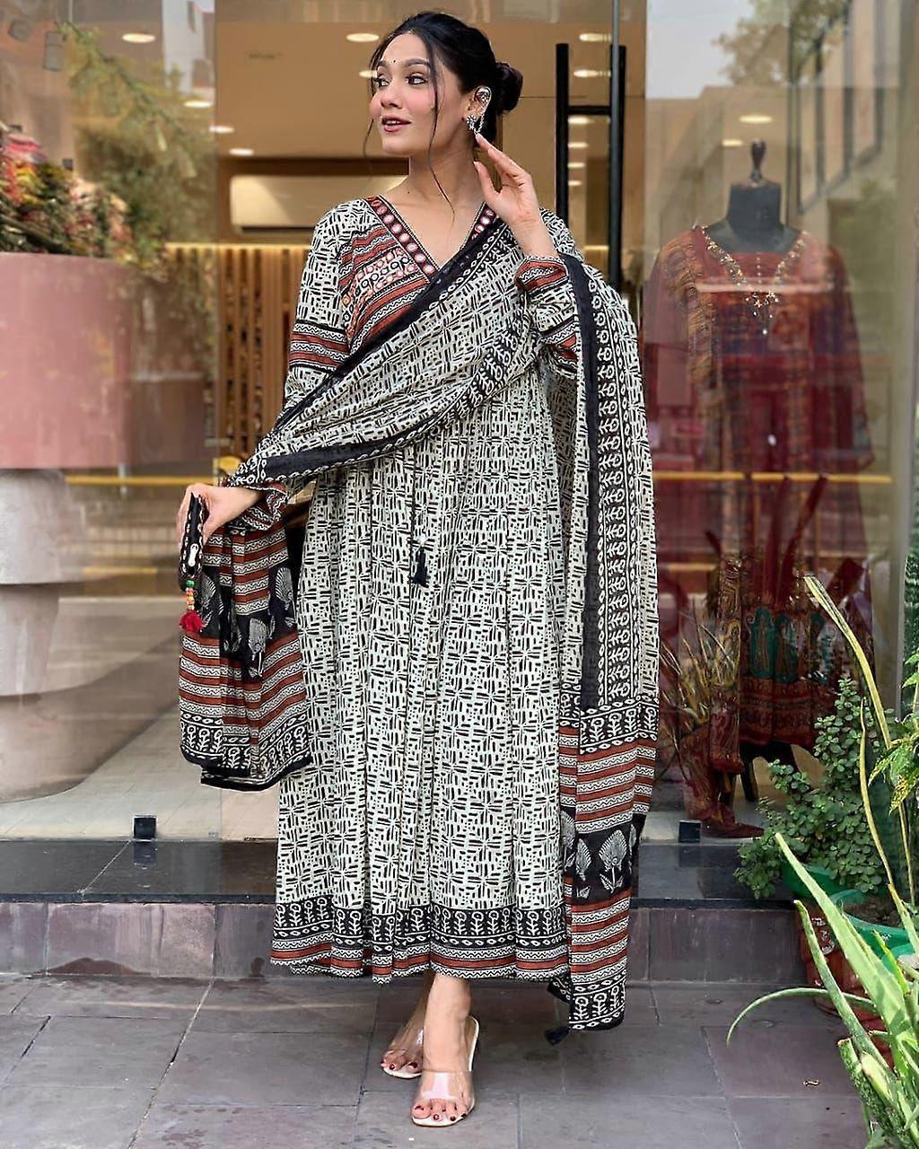 Kvinnor Bollywood A-linje Kurta Byxa Dupatta Set Indisk Designer Topp Tunika Kurti Kostym Klänning
