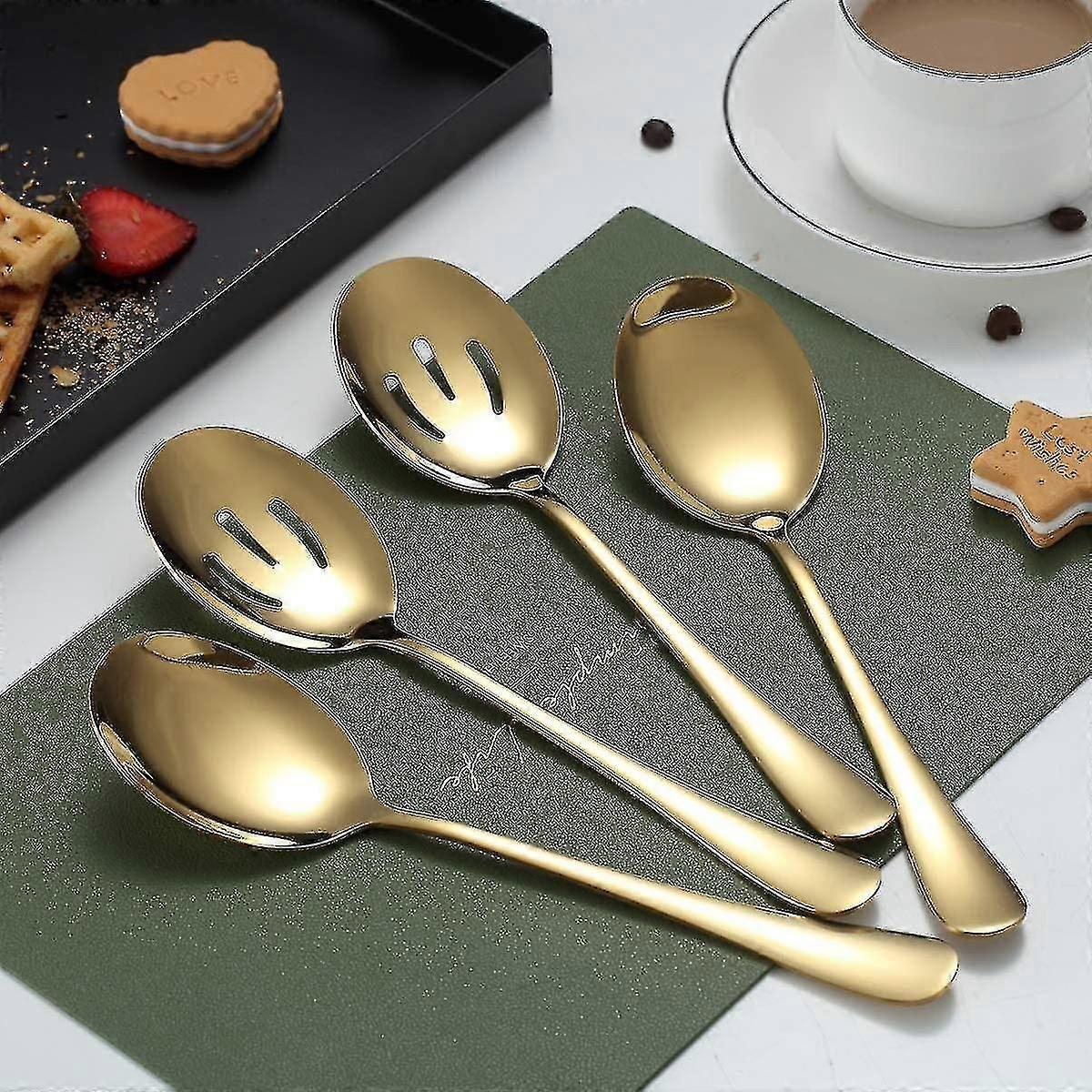 Gold Serving Spoons Set, 4 Pcs, 2 Solid Spoons + 2 Slotted Spoons