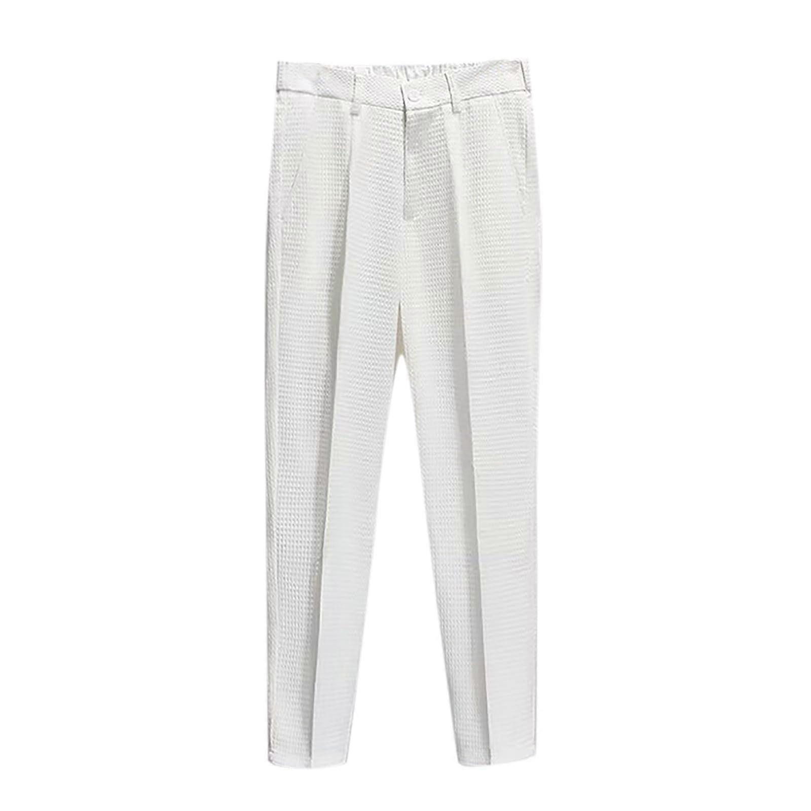 Men's Suit Trousers Retro Checked Pattern Regular Fit Stretch Pants with Pockets Elegant White Size 28
