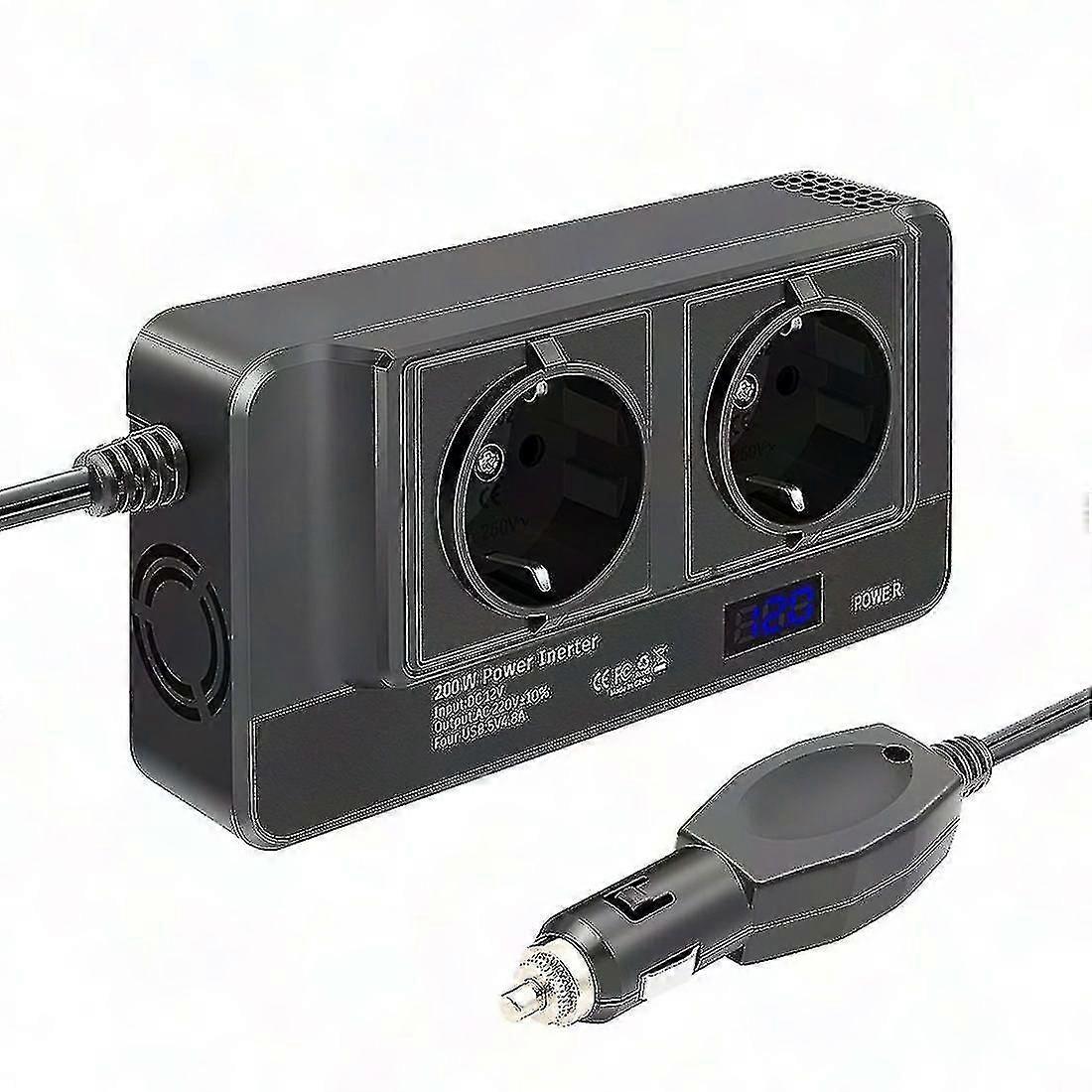 200W Car Power Inverter 12V to 220V with LCD Display, 2 AC Outlets & 4 USB Ports for Car Charging