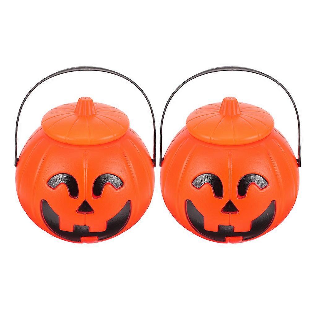 Halloween Plastic Pumpkin Buckets with Handle & Lid – Lightweight Trick or Treat Candy Holders for Party Decorations & Treat Distribution