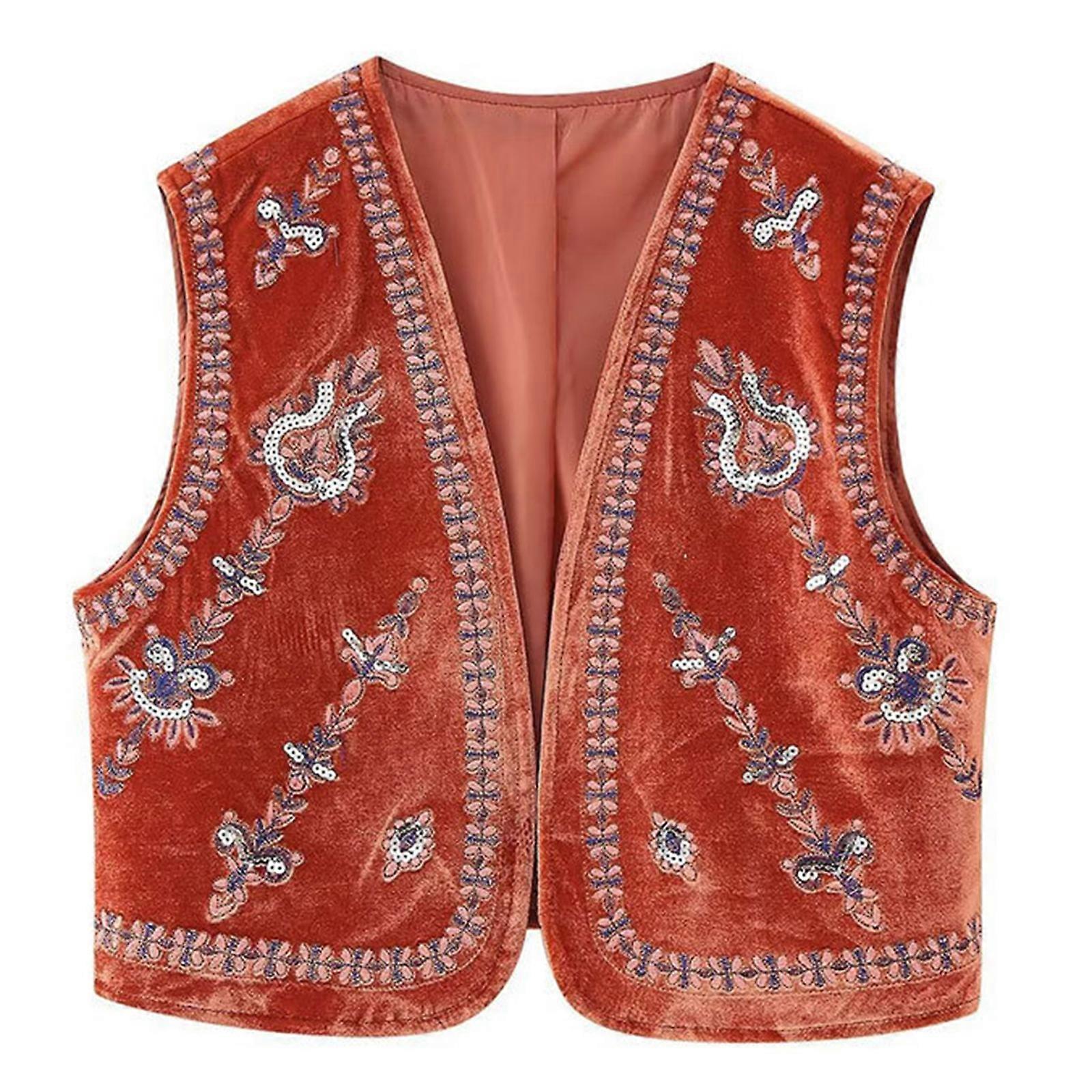 Lättviktig bohemisk kofta med broderad design för kvinnor, lös passform, öppen framsida, säsongsmässig, casual, polyester, röd S