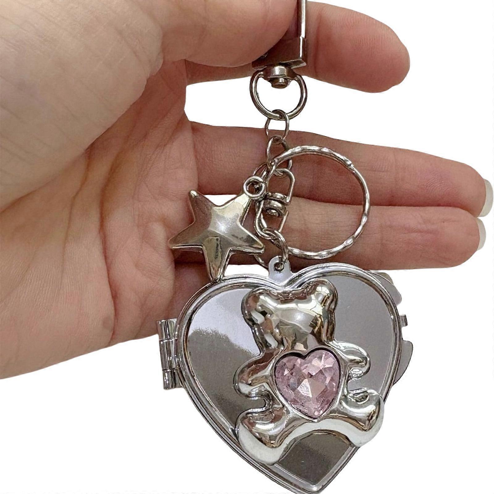 Fashionable Alloy Heart Shaped Bag Charm With Functional Mirror Detachable Bowknot Keychain For Purse Backpack Decoration Multicolor