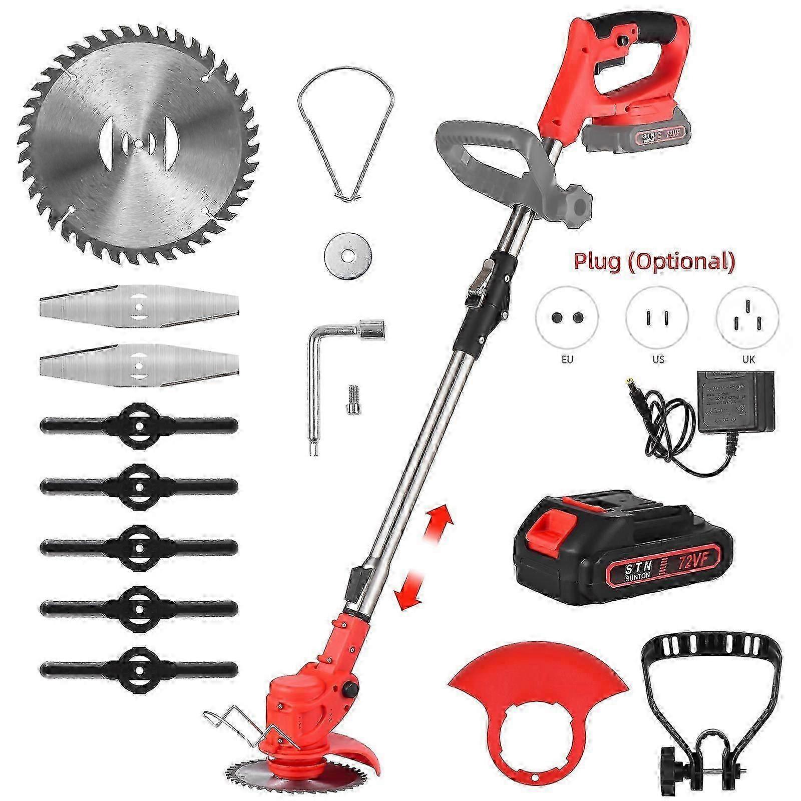 Electric Weed Wacker Cordless 72v 2000mah Weed Eater Battery Powered With 1 Battery / Charger / 3 Types Cutting Blades Adjustable Height Lightweight W