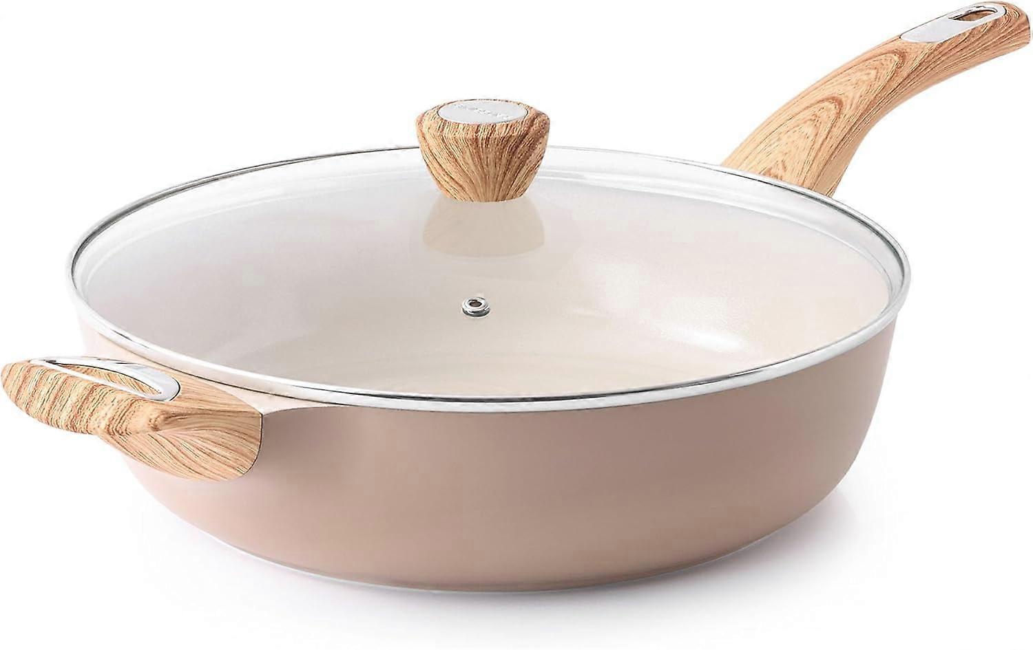 Nonstick Deep Frying Pan 12 Inch Skillet, 5Qt Saute Pan with Lid for Induction, White Non Toxic Cookware, PFOA PFOS Free, Helper Handle