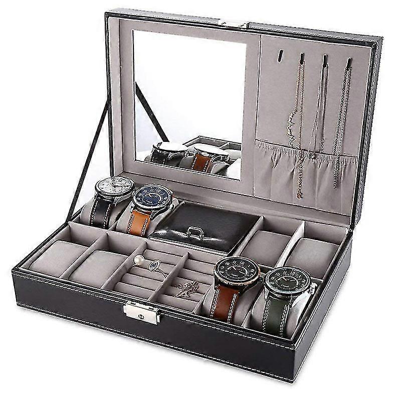 Minglan 8 Slots Jewelry Box Watch Organizer Storage Case With Lock And Mirror
