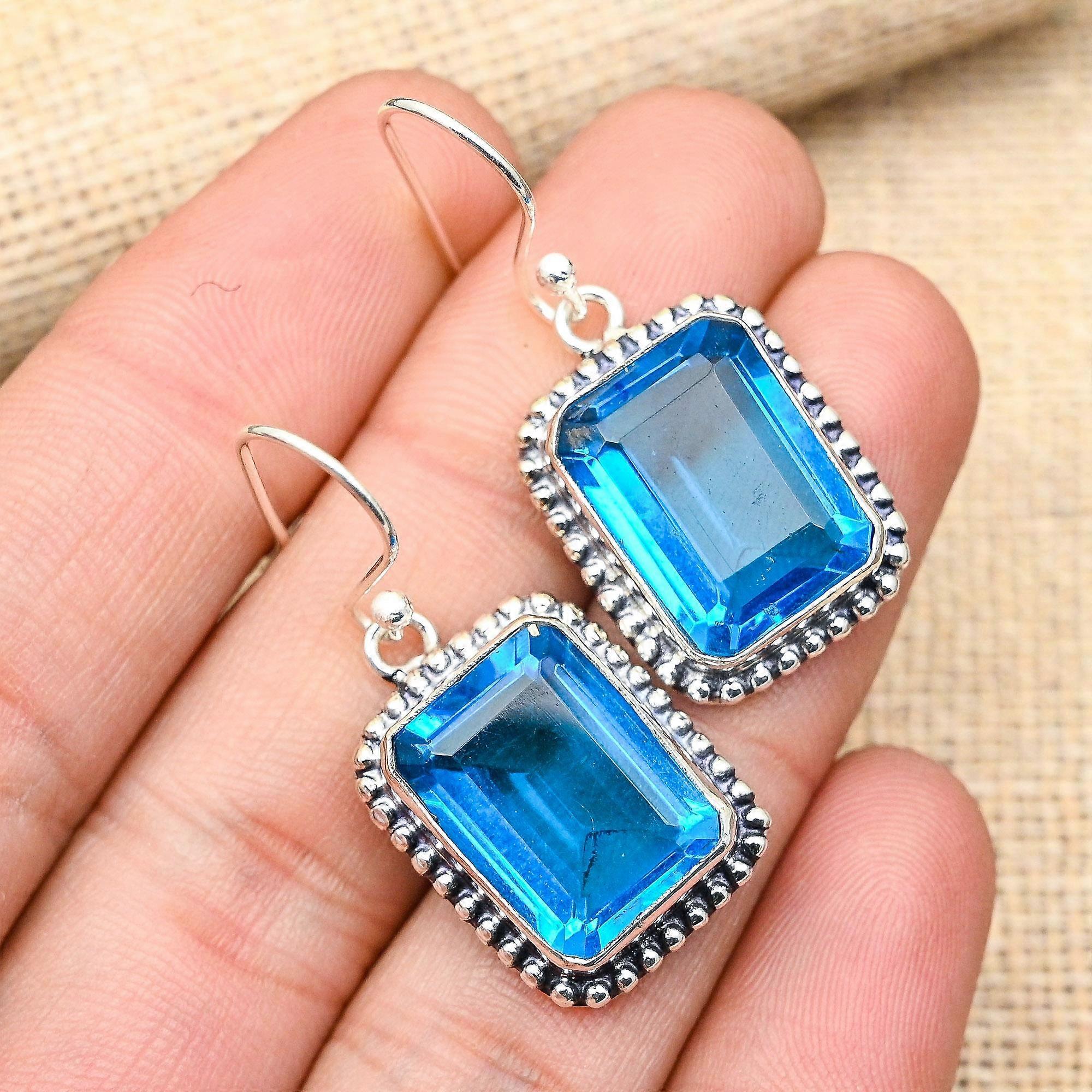 Dazzling Blue Topaz Gemstone Handmade 925 Solid Sterling Silver Earrings For Wedding Gift