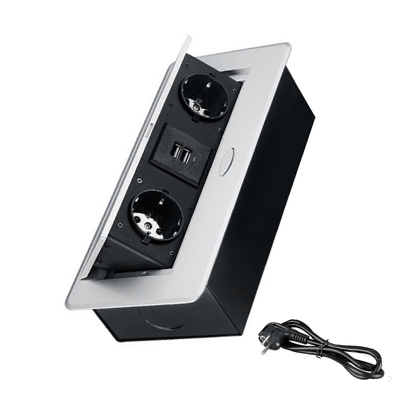 Retractile Desk Extension Cord 2 EU Outlets 2 USB Harbors Auto Slow Remove Plan Integrated Installation For Office Home Use  Silver