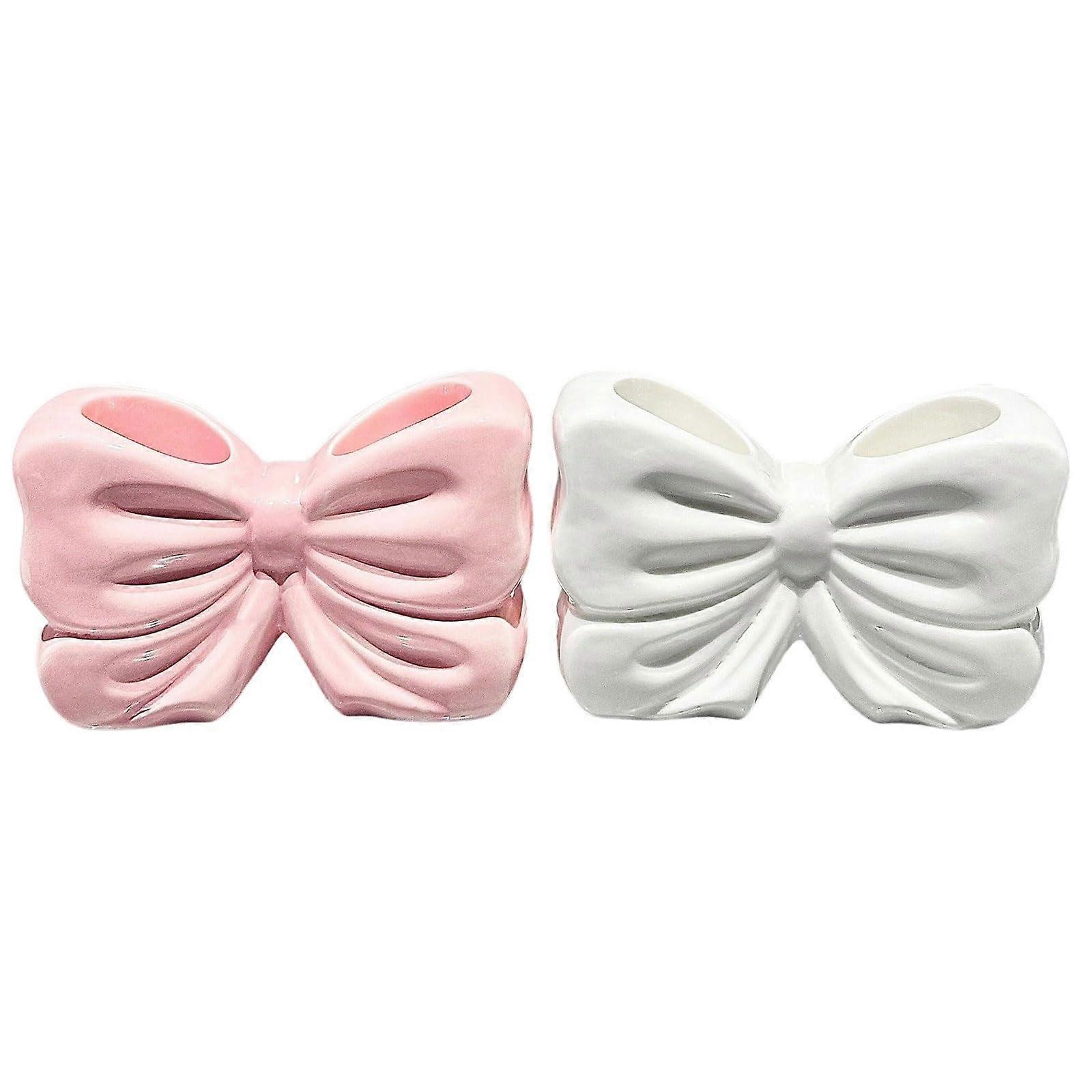 Set of 2 Ceramic Toothbrush Holders with Bow Tie Pattern for Bathroom Storage and Hygiene