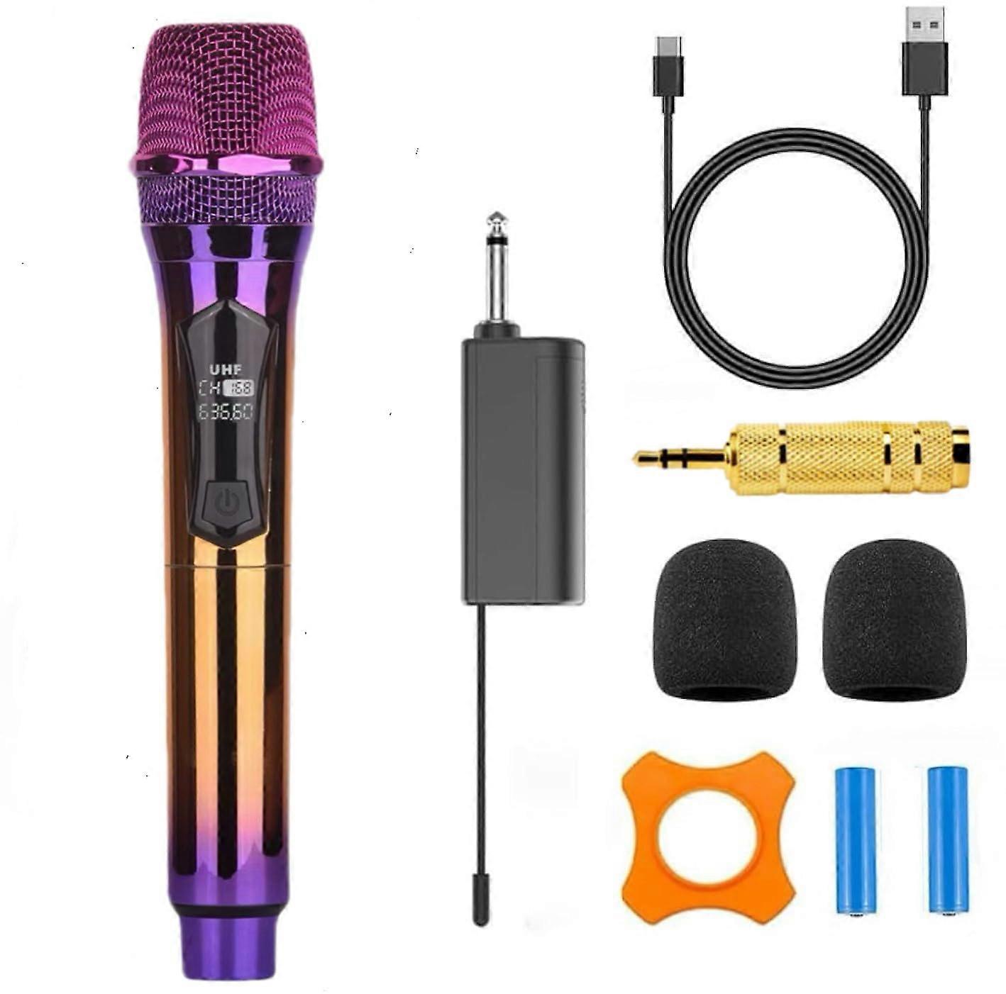 Wireless UHF Microphone with Long Range, Rechargeable Battery, LED Display for Karaoke Events Purple