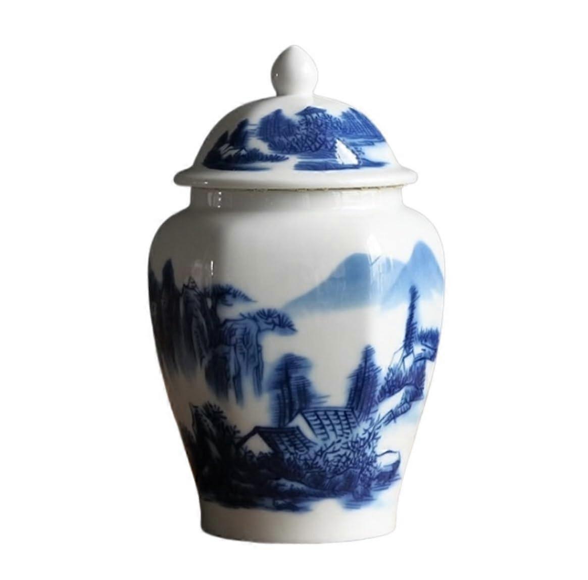 Blue and White Ginger Jar with Lid, Round Ceramic Tea Caddy Storage Jar, Airtight Seal 11x19cm