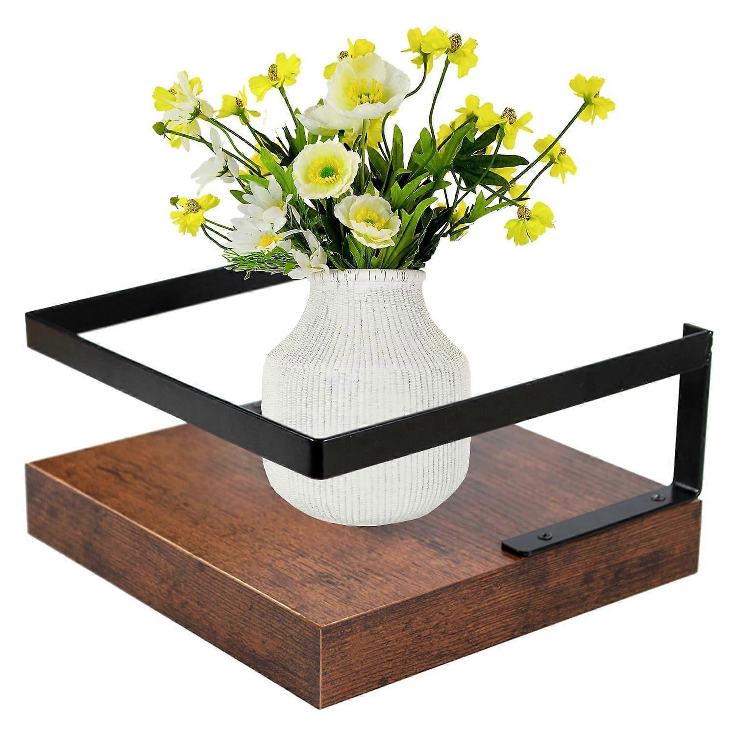 Wall Mounted Wooden Shelf with Guardrail, Rustic Floating Display Rack for Bathroom Bedroom Brown