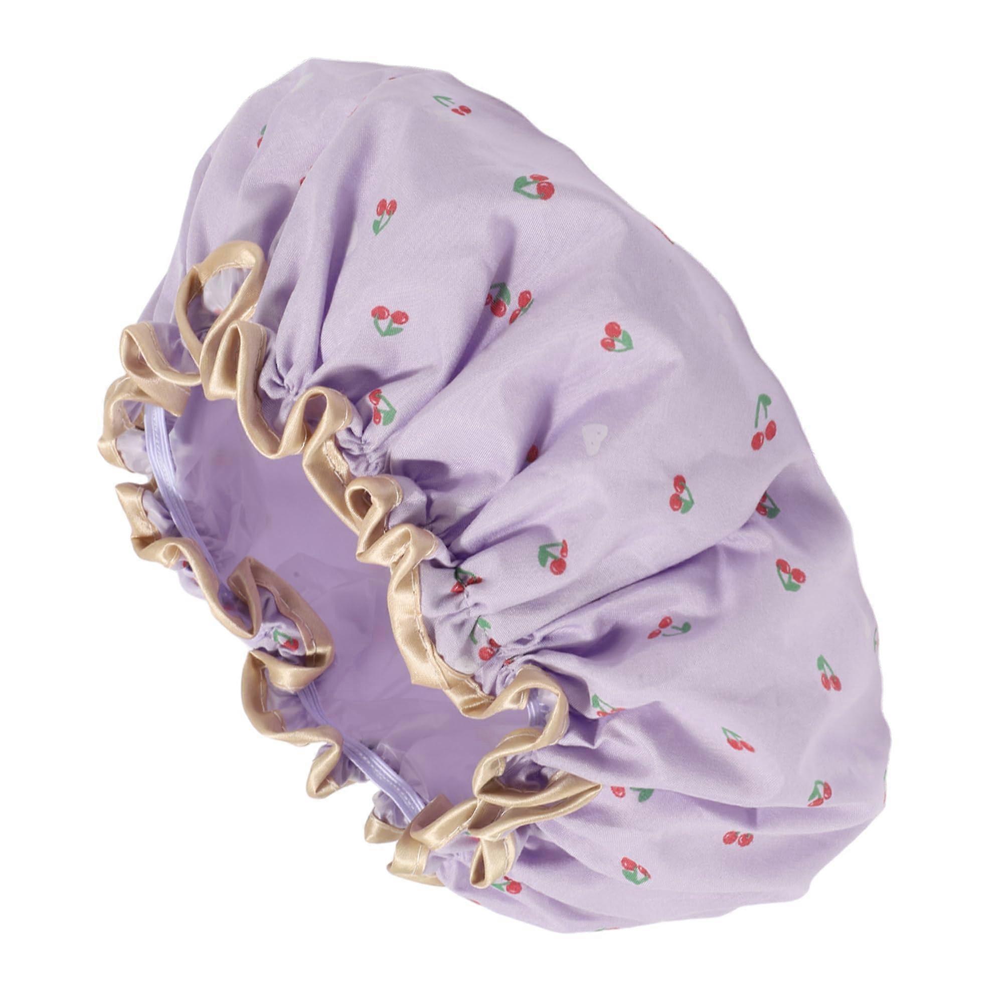 Women Waterproof Double Layer Shower Cap with Cherry Pattern, Adjustable for Long Hair