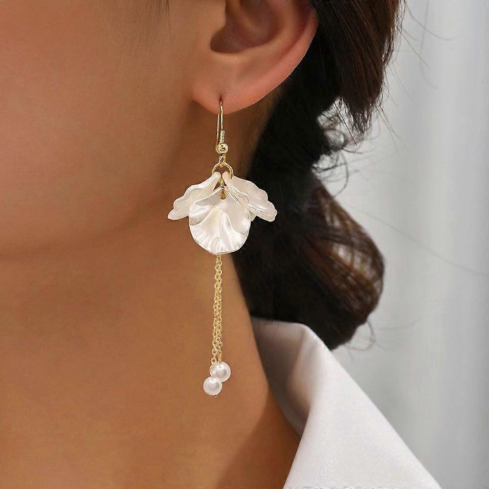 Flower Alloy Plastic Dangle Earrings Golden 85x20mm