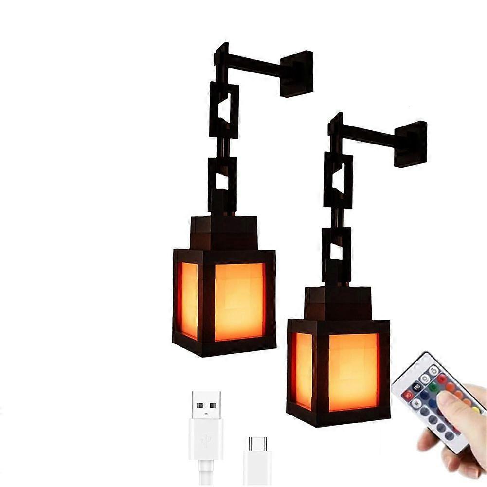 2Pcs Pixelated Lantern LED Night Light 16-Color Light-Changing with Remote Control, Rechargeable Table/Wall Night Lamp
