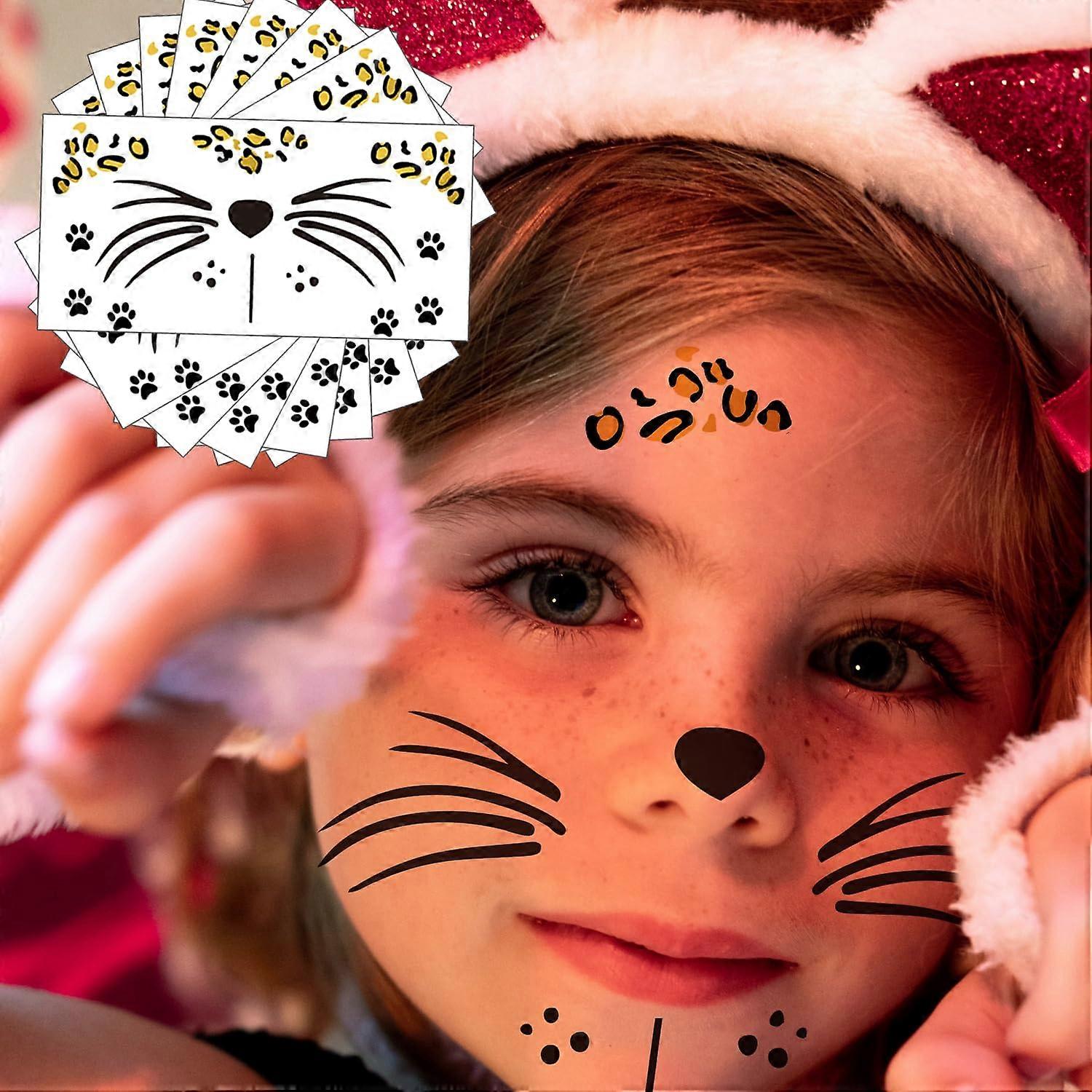 Halloween Leopard Face Temporary Tattoos, Realistic Cat Designs for Costume Parties, 9 Sheets
