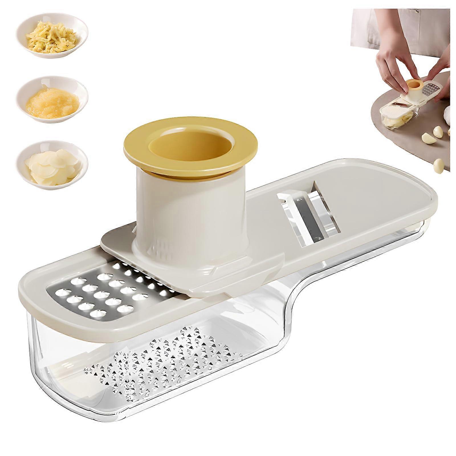 Mini Garlic Slicer with Container, Manual Garlic and Ginger Grinder for Compact Kitchen Use (White)