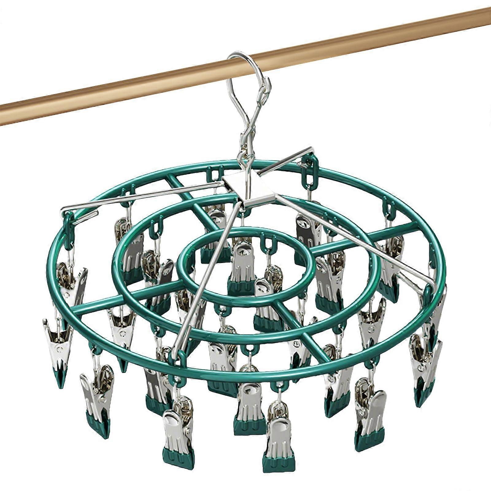 Rustproof Stainless Steel Sock Hanger with 24 Clips, Windproof Rotatable Clothes Drying Rack, Green