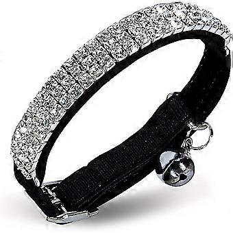 Collare per gatti regolabile in morbido velluto con strass e campanellino, da 20 a 25 cm, per gatti e cani di piccola taglia, colore nero.
