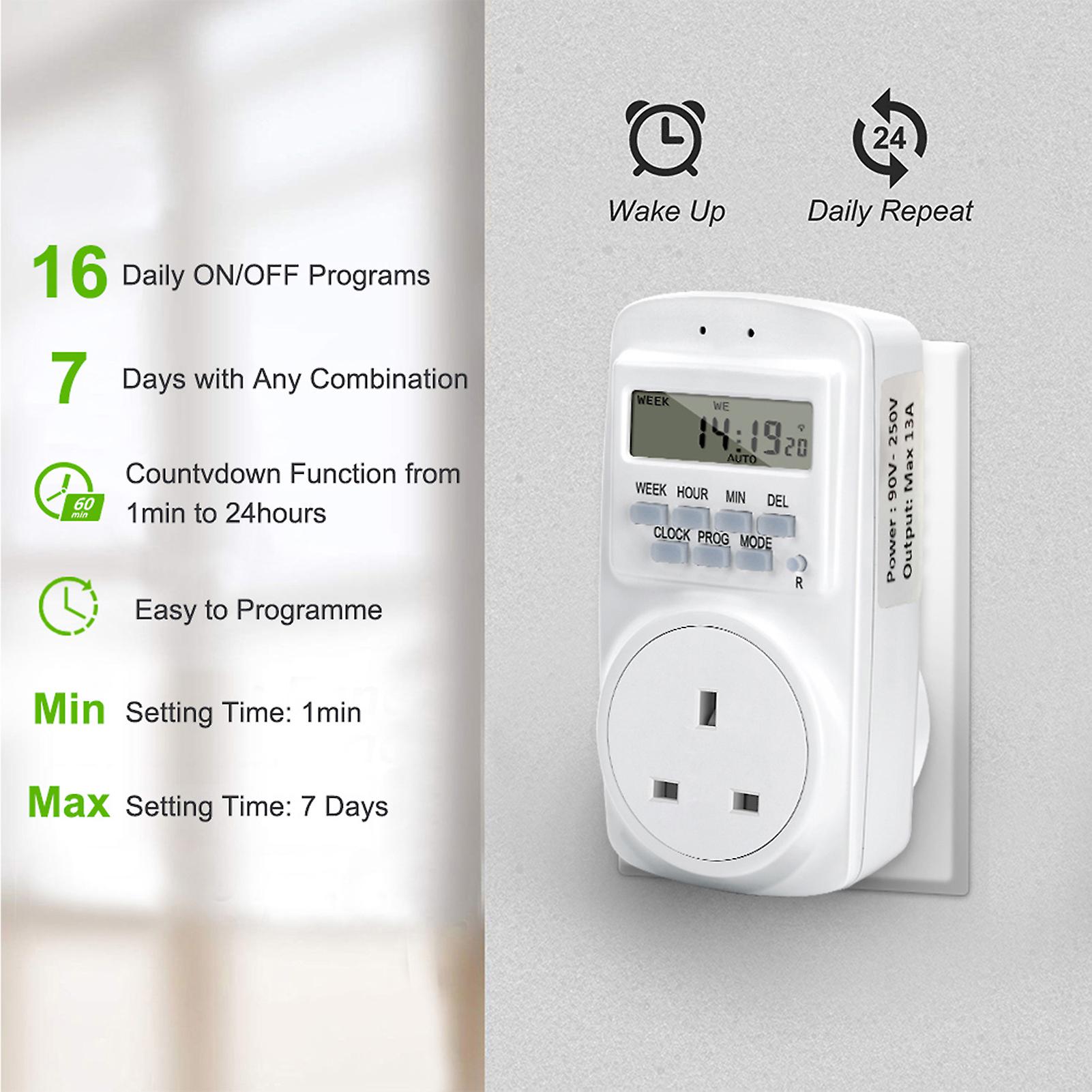 Digital Electrical UK Plug Timer Socket, 24 Hours 7 Day Weekly 16 Groups Programmable Light