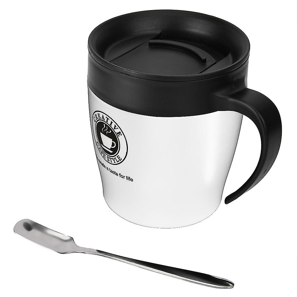 Stainless Steel Insulated Coffee Mug with Spoon and Lid for Office and Travel (White)