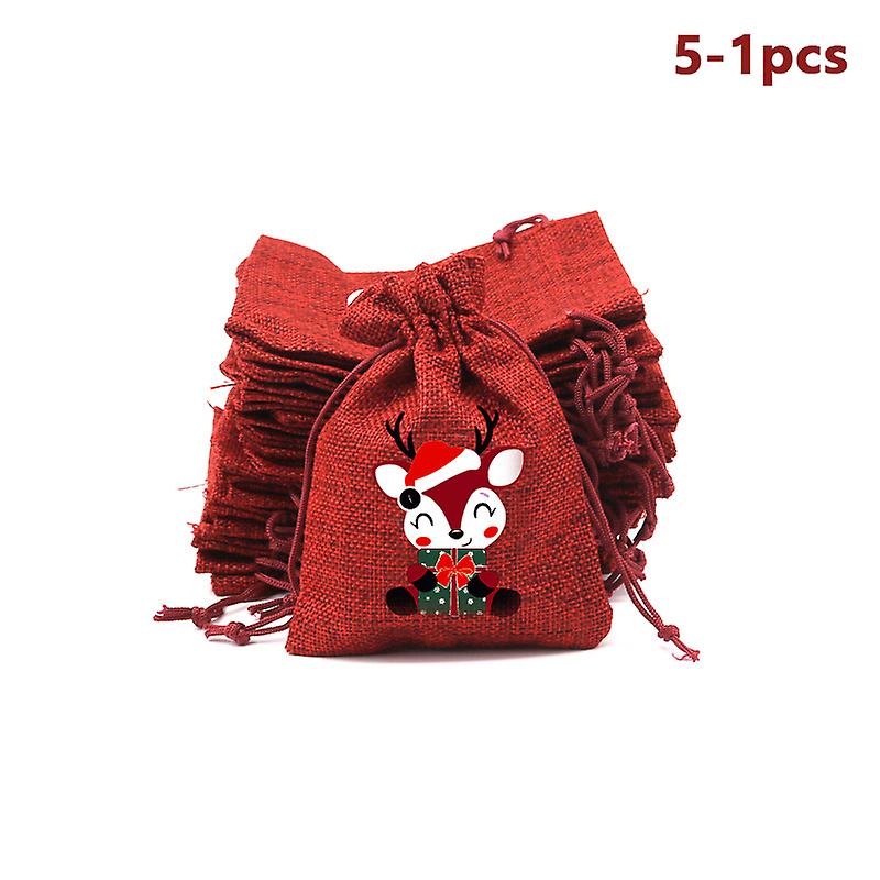 Merry Christmas Wine Red Linen Candy Bag With Drawstring Gift Packaging Pouch