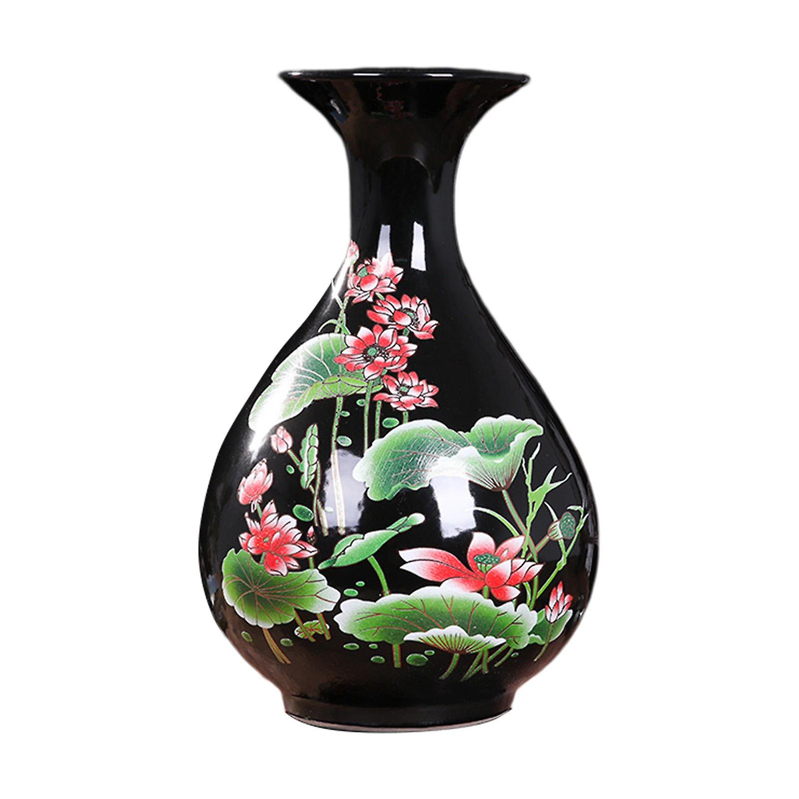 Black Ceramic Vase Lotus Pattern Craft Sharply Glaze For Bookshelf Cabinet A