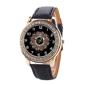 Mode PU Cuir Bande Quartz Montre Chiffre Grand Rond Cadran Strass Montre Femme (Noir)