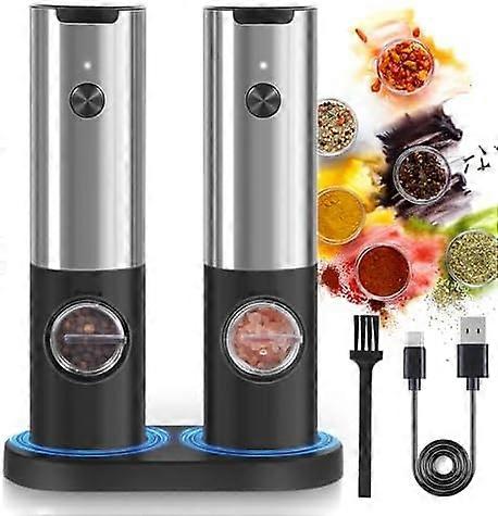 Electric Salt Pepper Grinder Set with Rechargeable Base, Pepper Grinder with Adjustable Coarseness, One Handed Operation, LED Light