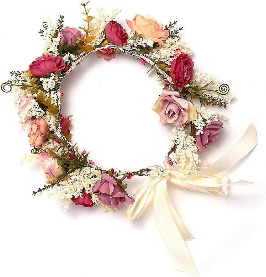 花のヘッドバンド花の髪の花輪ガーランドヘッドドレスとリボンのリアルな花輪花嫁祭りの結婚式のヘアアクセサリーの装飾をしてください庭の装飾をしてください