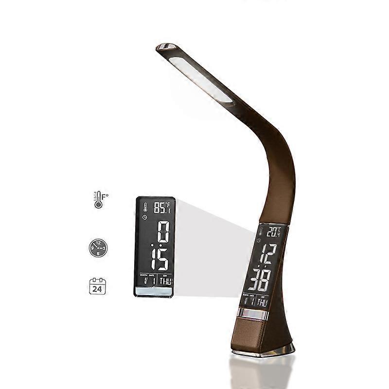 Leather Texture Office LED Desk Lamp Dimming Table Lamps with LCD Display Alarm Clock Calendar New