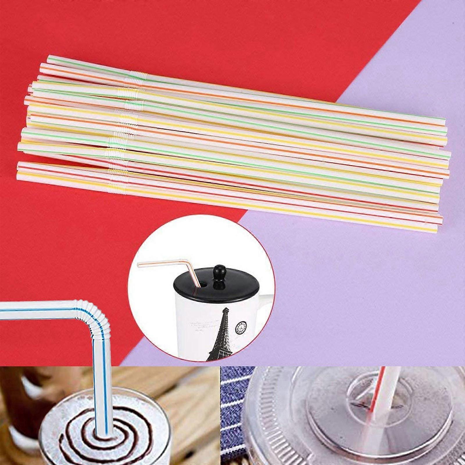 500pcs Plastic Drinking Straws 8 Inches Long Multi-Colored Striped Bedable