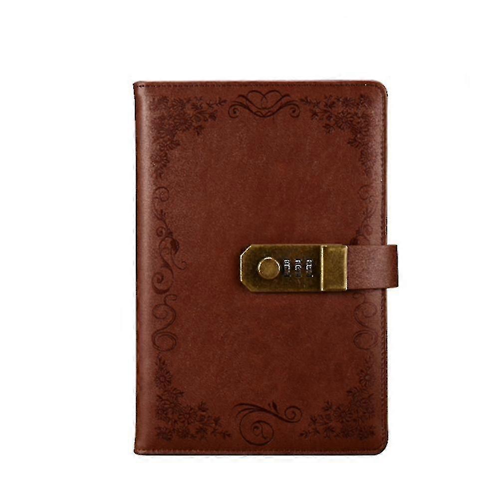 Vintage A5 Digital Password Notebook Pu Leather Locking Journal Notebook--brown