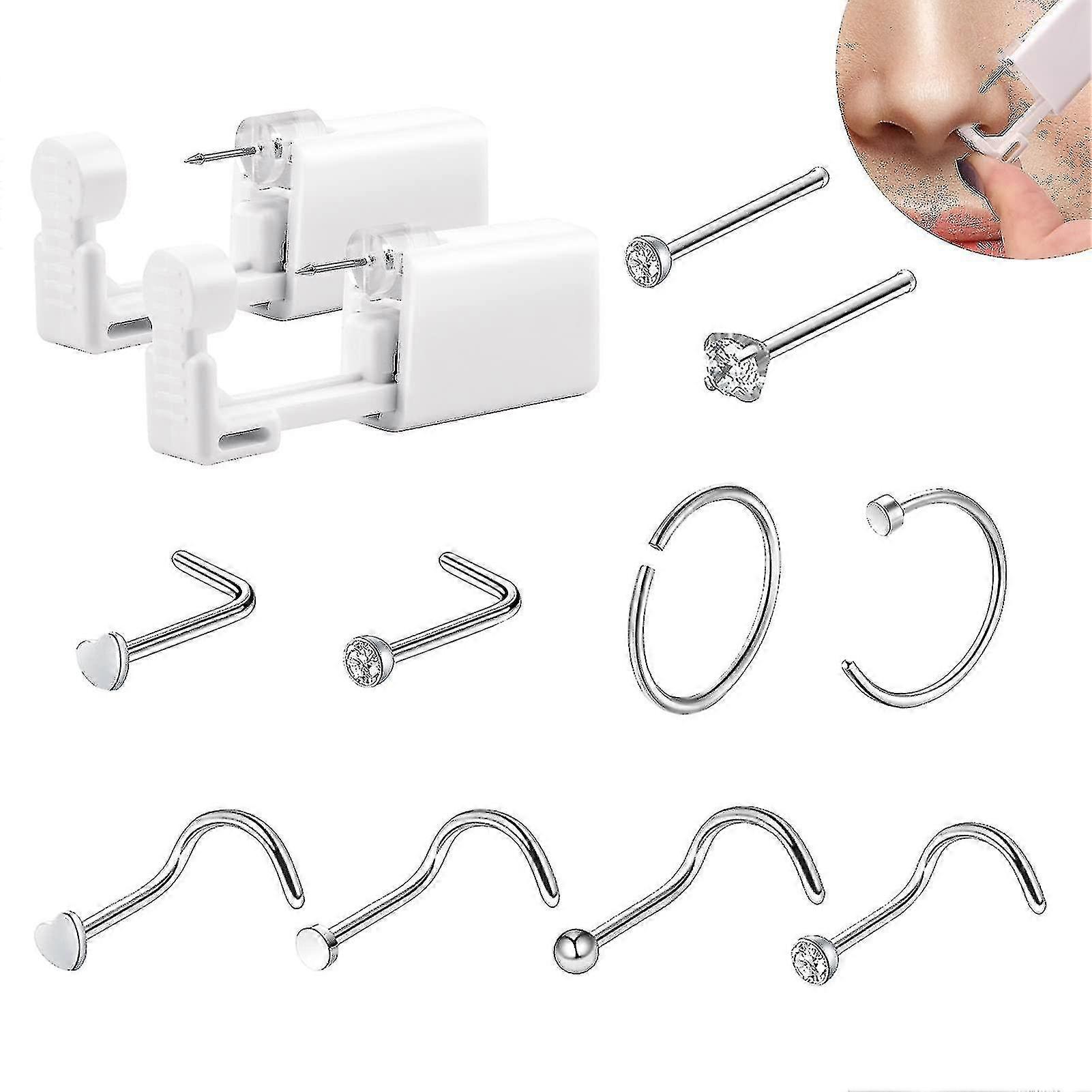 2 Pcs Disposable Nose Piercing Tool Set With 10 Nose Studs No Pain Sterile Safety Self Nose Stud Tool Home Piercing Kit Tool
