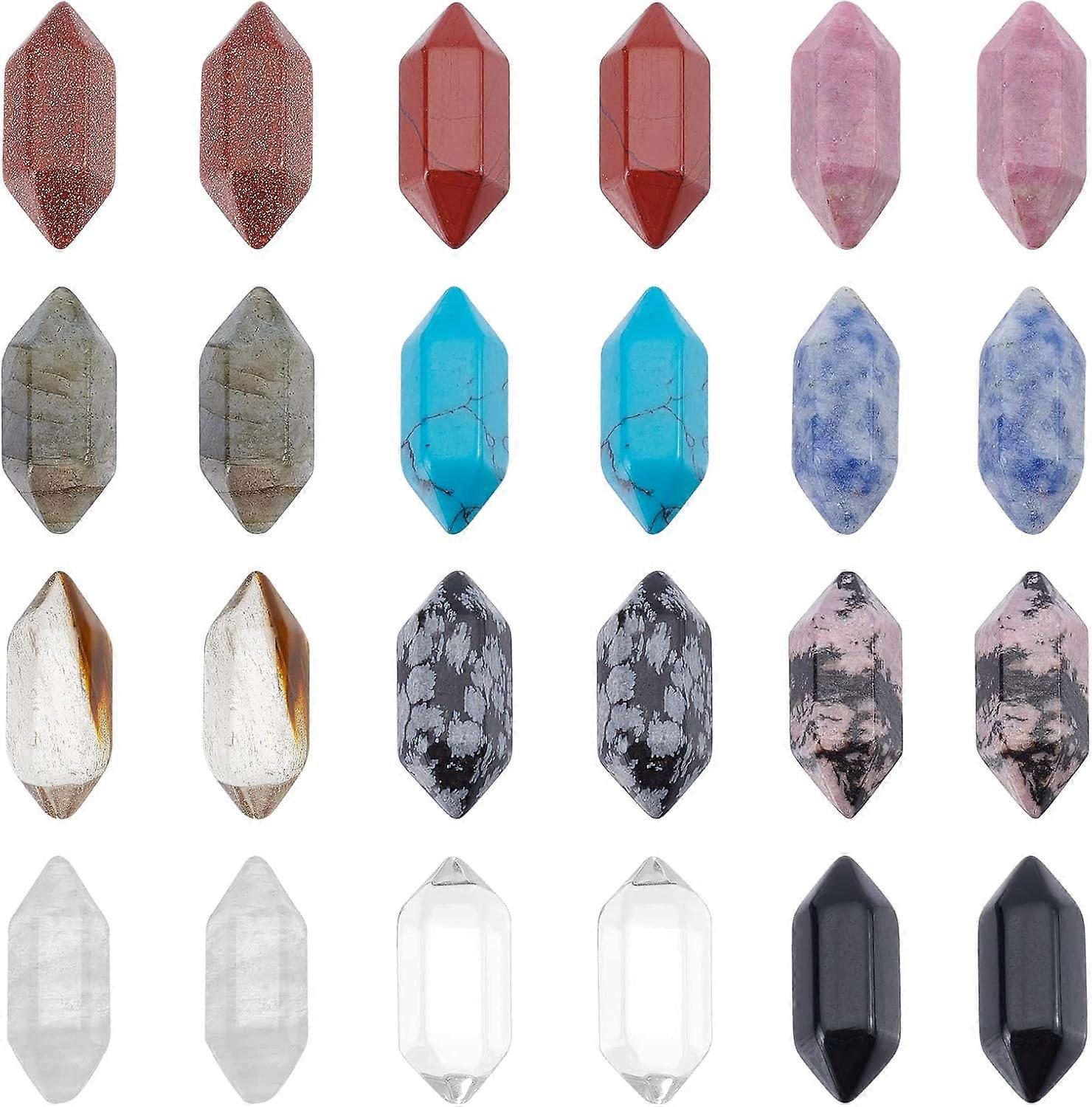 24 Pcs 12 Colors No Hole Double Pointed Gemstone Pendants Undrilled Pointed Polygonal Chakra Pendants Quartz Crystal Stone Charm for Wire Wrapped Neck
