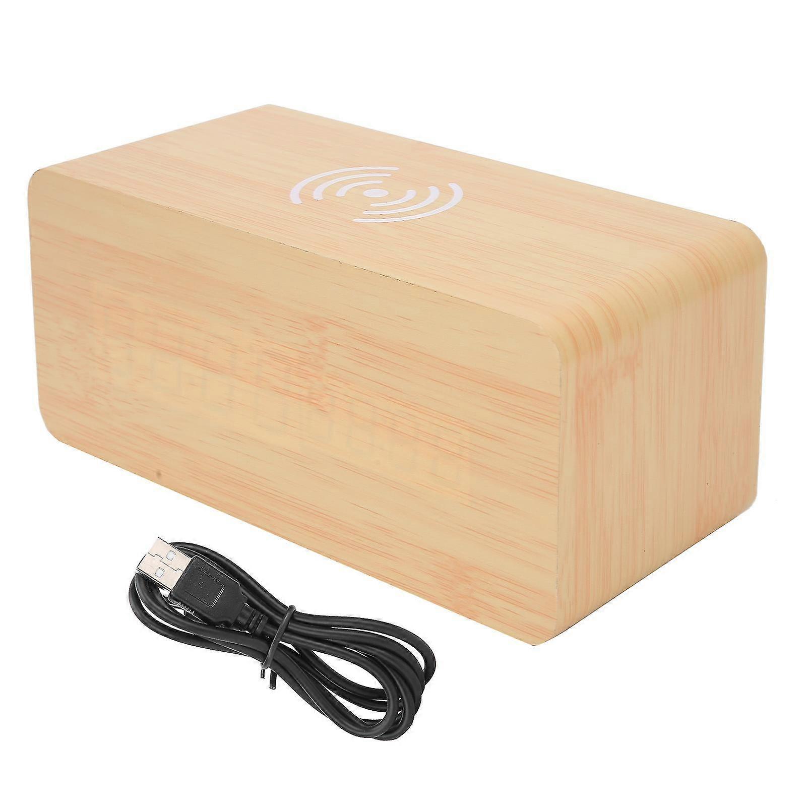 Wireless Charging Wooden Clock Alarm with Voice Control and Multifunctional Bamboo Design